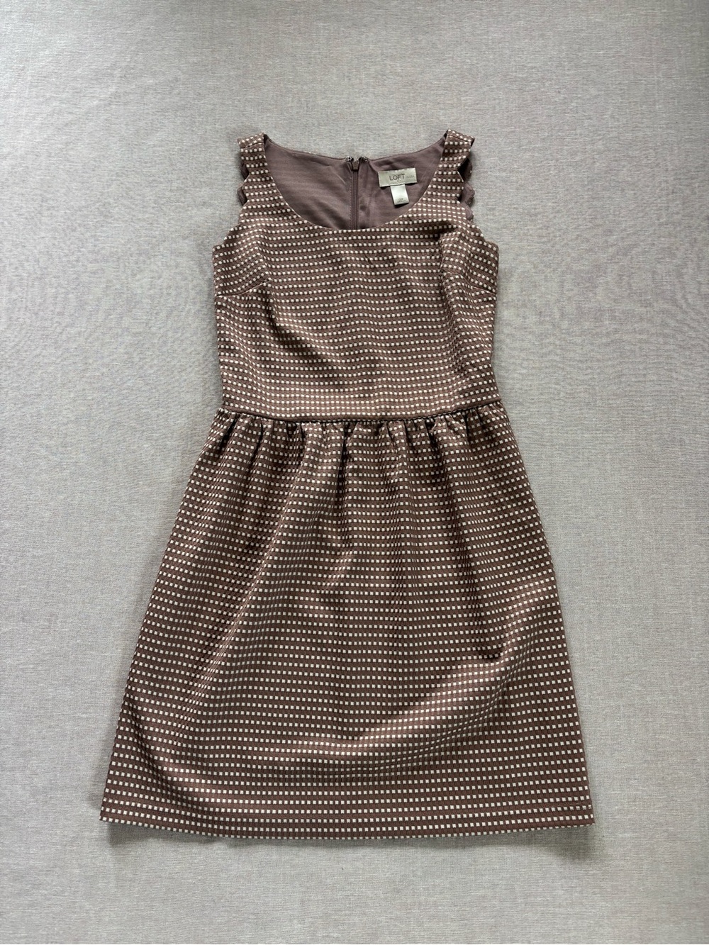 LOFT brown checked scalloped a-line dress.